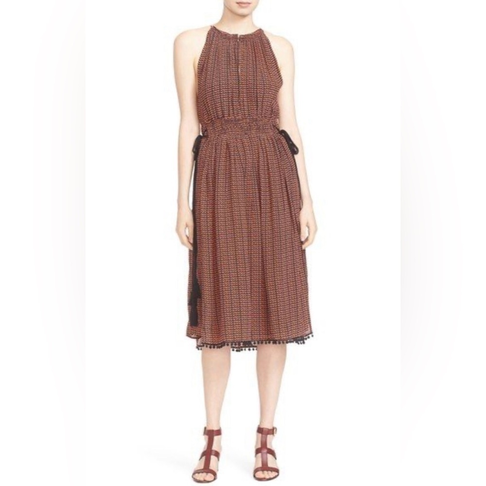 Apiece Apart Lippard Sleeveless Midi Dress Size 2 Tassels Coral Orange Black
